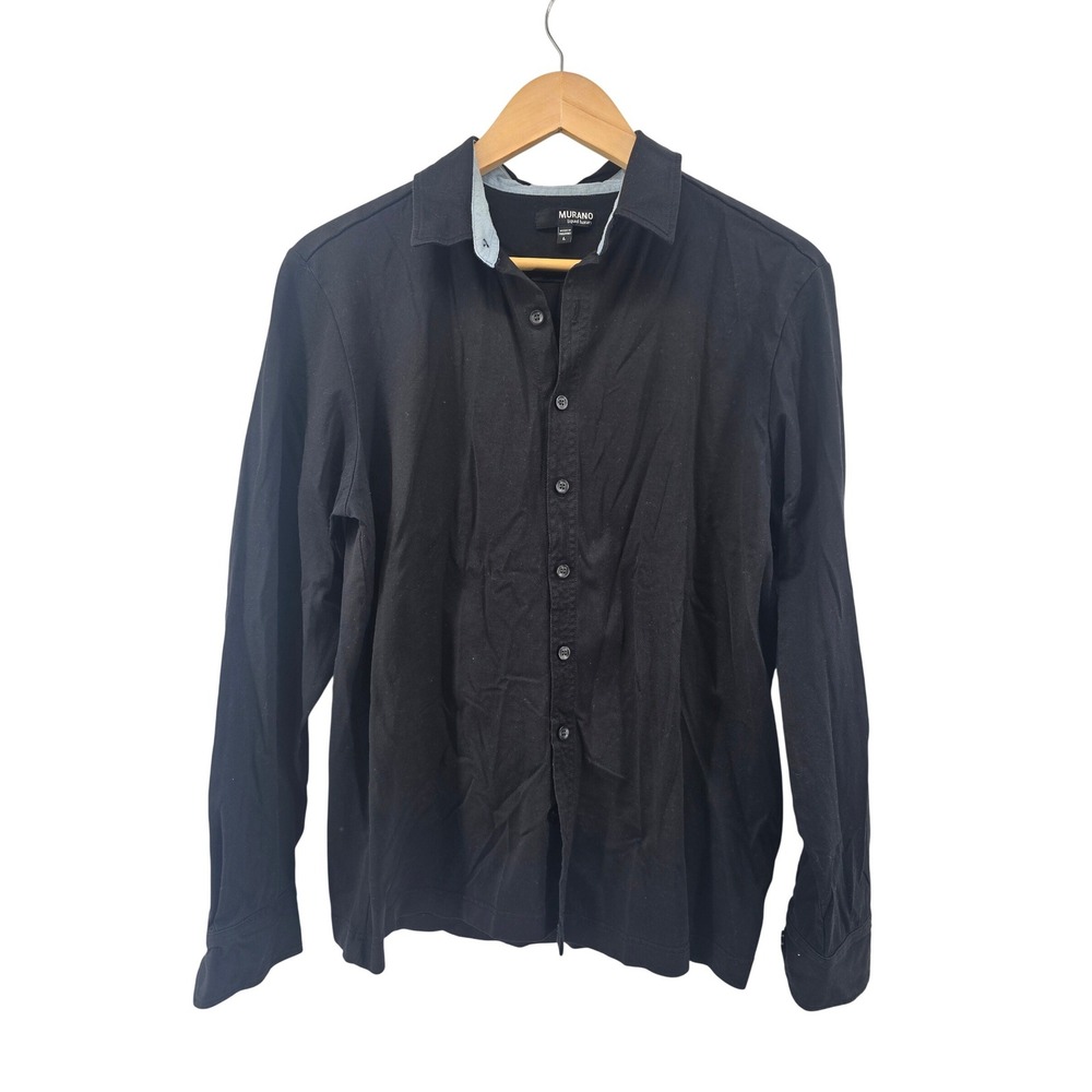 Murano Button Down Shirt Mens L Black Liquid Luxury Long Sleeve Cotton Solid